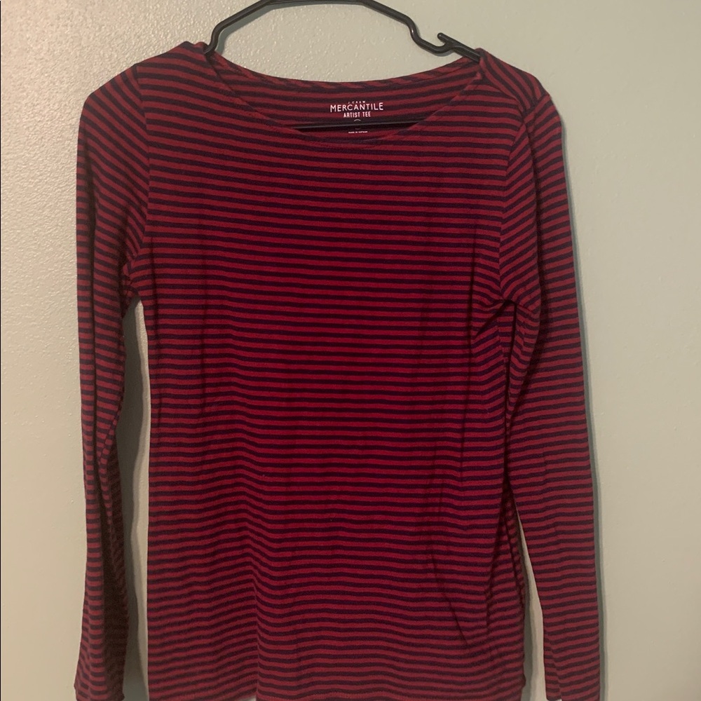 J. Crew Red and Navy Striped Long Sleeve Tee